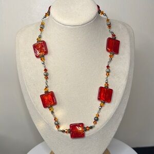 Glass Lamp Fire Red and Orange 18” Necklace